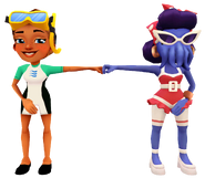 Kim in her Dive Outfit fist bumping Cathy in her Seaside Outfit
