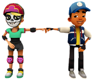 Olivia in her Derby Macabre Outfit fist bumping Tony in his Game Outfit