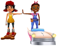 Alex surfing on Teddy high fiving Ramona surfing on Chrome