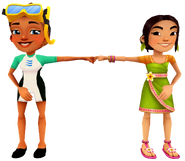 Kim in her Dive Outfit fist bumping Mei in her Bumi Outfit