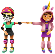 Olivia in her Derby Macabre Outfit fist bumping Jia in her Unicorn Outfit