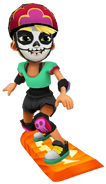 Olivia in her derby Macabre Outfit surfing on Pumpkin