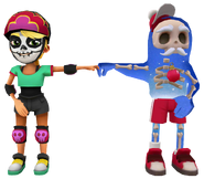 Olivia in her Derby Macabre Outfit fist bumping Bob The Blob in their Jingle Outfit