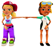 Kim in her Dive Outfit fist bumping Tricky in her Heart Outfit