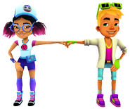 Nick in his Neon Outfit fist bumping Jenny in her Pixel Outfit