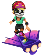 Olivia in her Derby Macabre Outfit surfing on Viperfish