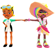 Berta in her Summer Eleganza Outfit fist bumping Kim in her Dive Outfit