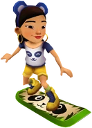 Amy in her Panda Outfit surfing on Panda