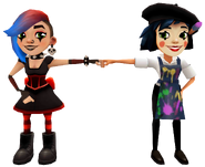 Lucy in her Goth Outfit fist bumping Coco in her Art Outfit