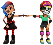 Olivia in her Derby Macabre Outfit fist bumping Lucy in her Goth Outfit