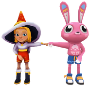Freya in her Winter Magic Outfit fist bumping George in his Eggstravaganza Outfit