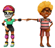 Olivia in her Derby Macabre Outfit fist bumping Edison in his Urban Outfit