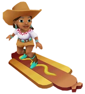 Alba in her Cowgirl Outfit surfing on Hotdog