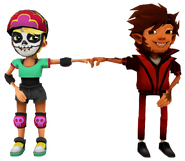 Olivia in her Derby Macabre Outfit fist bumping Mike in his Howl Outfit