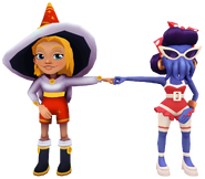 Freya in her Winter Magic Outfit fist bumping Cathy in her Seaside Outfit