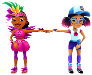 Carmen in her Shake Outfit fist bumping Jenny in her Pixel Outfit