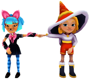 Harumi in her Meow Outfit fist bumping Freya in her Winter Magic Outfit