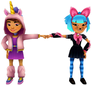 Harumi in her Meow Outfit fist bumping Jia in her Unicorn Outfit