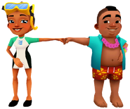 Kim in her Dive Outfit fist bumping Izzy in his Aloha Outfit