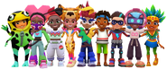 Yutani Harlequin Toad, Valentina, Tainá, Rebeca Roar, Gabriel, Edison, Super Runner Fernando, Hammy-Bee, and Carmen group hugging