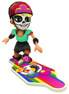 Olivia in her Derby Macabre Outfit surfing on Groovy