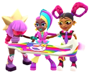 Astra, Berta, and Rochelle Rebelle holding Groovy in Cutesy Bundle pose