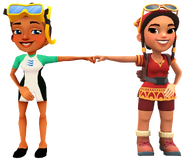 Kim in her Dive Outfit fist bumping Mala in her Lunar Outfit