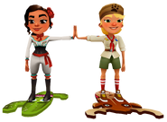 Rosa surfing on Prickly high fiving Olivia surfing on Moose