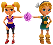 Tasha in her Cheer Outfit fist bumping Freya in her Viking Outfit