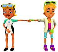 Kim in her Dive Outfit fist bumping Nick in his Neon Outfit