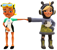 Kim in her Dive Outfit fist bumping Clementine in her Hide and Sheep Outfit