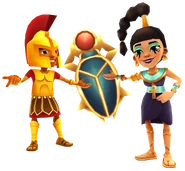 Jasmine in her Ankh Outfit, Nikos in his Hero Outfit, and Scarab with New Year Bundle pose