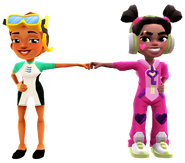 Kim in her Dive Outfit fist bumping Hali in her Gummy Bear Outfit