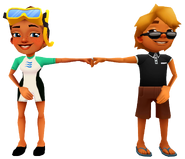 Kim in her Dive Outfit fist bumping Brody in his Posh Outfit