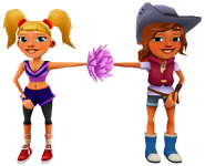 Kim in her Coast Outfit fist bumping Tasha in her Cheer Outfit