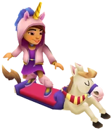 Jia in her Unicorn Outfit surfing on Stallion