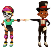 Olivia in her Derby Macabre Outfit fist bumping Eddy in his Trick Outfit