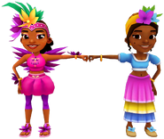 Carmen in her Shake Outfit fist bumping Ramona in her Piña Outfit