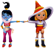 Freya in her Winter Magic Outfit fist bumping Amira in her Genie Outfit