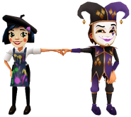 Coco in her Art Outfit fist bumping Jaro in his Joker Outfit