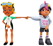 Kim in her Dive Outfit fist bumping Alexandre in his Stan Outfit