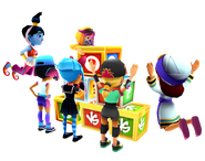 Amira in her Genie Outfit, Jenny in her Pixel Outfit, Harumi in her Meow Outfit, Olivia in her Derby Macabre Outfit, and Salma in her Talisman Outfit looking at Miss Maia making a Mystery Box tower