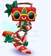 Gingerbot in its Wrapper Outfit surfing on Shiny Surprise