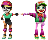 Olivia in her Derby Macabre Outfit fist bumping Zombie Jake in his Serious Outfit