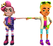 Cleo in her Heart Breaker Outfit fist bumping Nick in his Neon Outfit