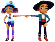 Jenny in her Pixel Outfit fist bumping Diego in his Flamenco Outfit