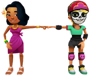 Olivia in her Derby Macabre Outfit fist bumping Noon in her Pink Outfit