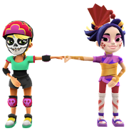 Olivia in her Derby Macabre Outfit fist bumping Song Yi in her Golden Crush Outfit