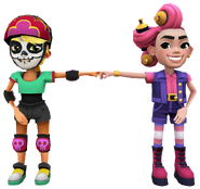Olivia in her Derby Macabre Outfit fist bumping Cleo in her Heart Breaker Outfit