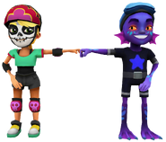 Olivia in her Derby Macabre Outfit fist bumping Noel in his Deep Blue Outfit
